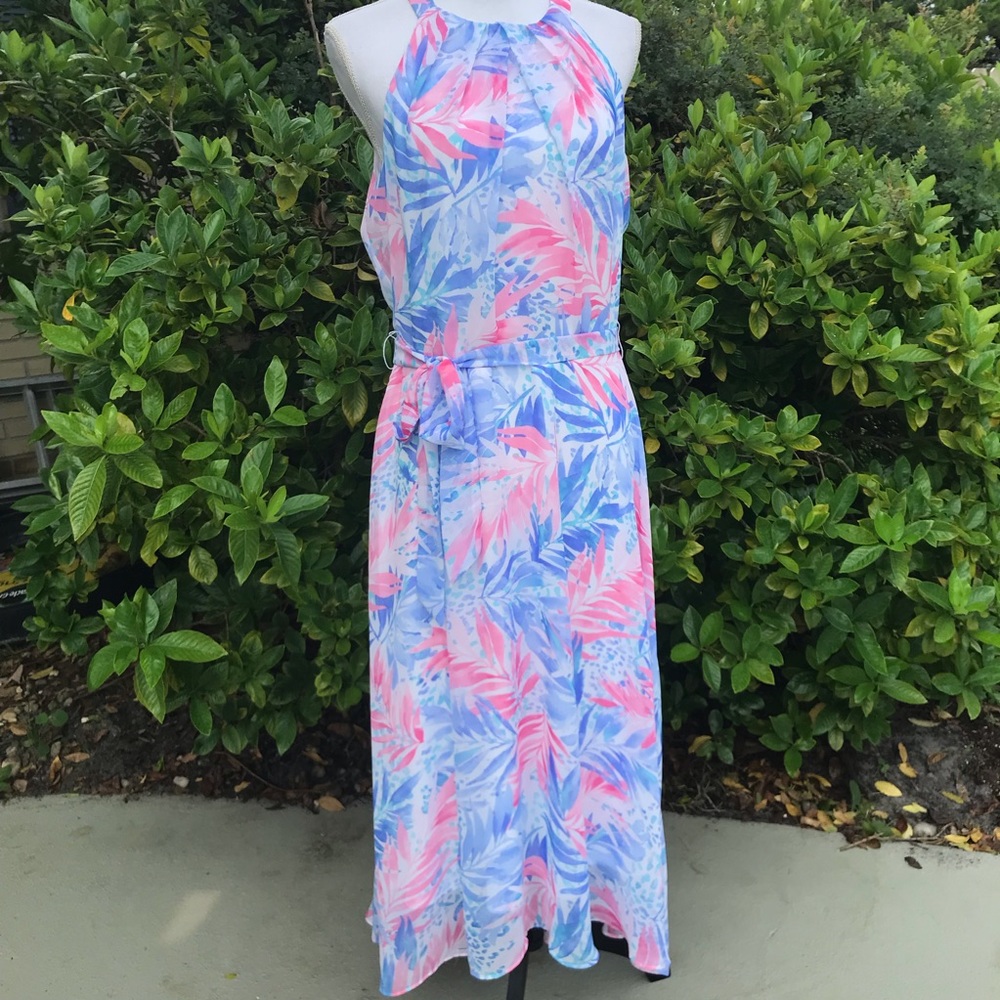 Nicole Miller sleeveless tie waist maxi dress tropical print lined